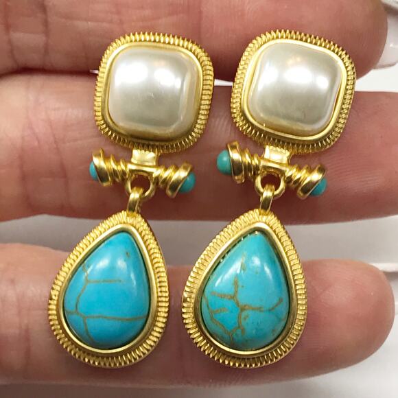 Kovonchy Signed 925 Stud Turquoise White Pearl Earrings Drop Egyptian Revival - Picture 8 of 11